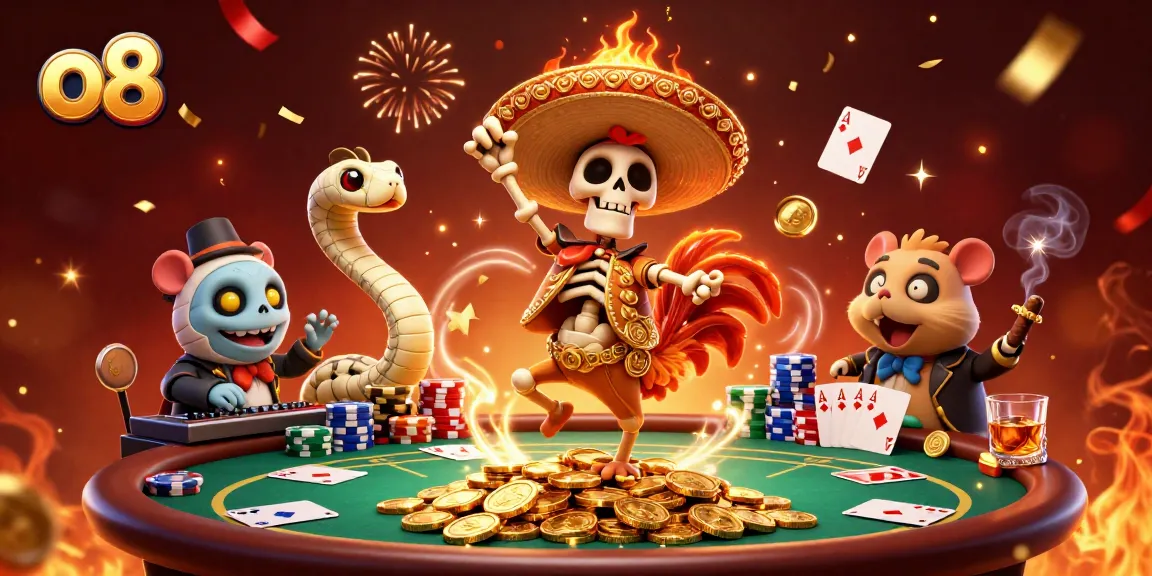 Join the fun at o8's casino with a lively mariachi rooster and friends celebrating on golden coins.