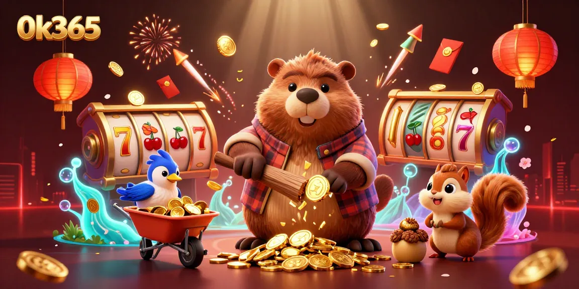 Experience the excitement of 0k365 with a beaver, bird, and squirrel in a vibrant casino scene filled with slot games.