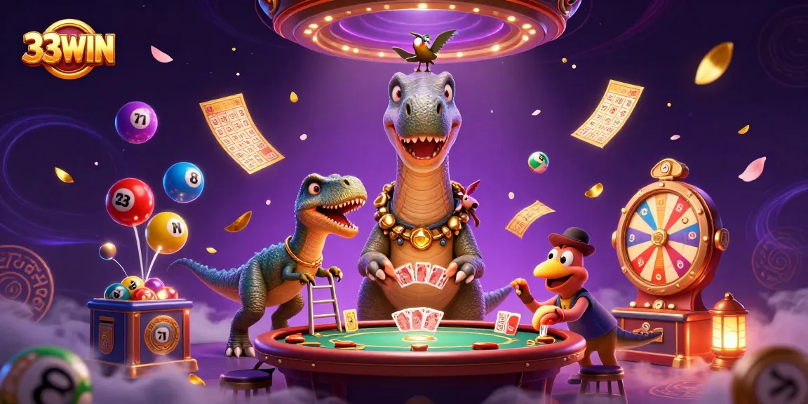 Engaging scene from 33WIN showcasing dynamic casino elements with dinosaurs in a vibrant setting.