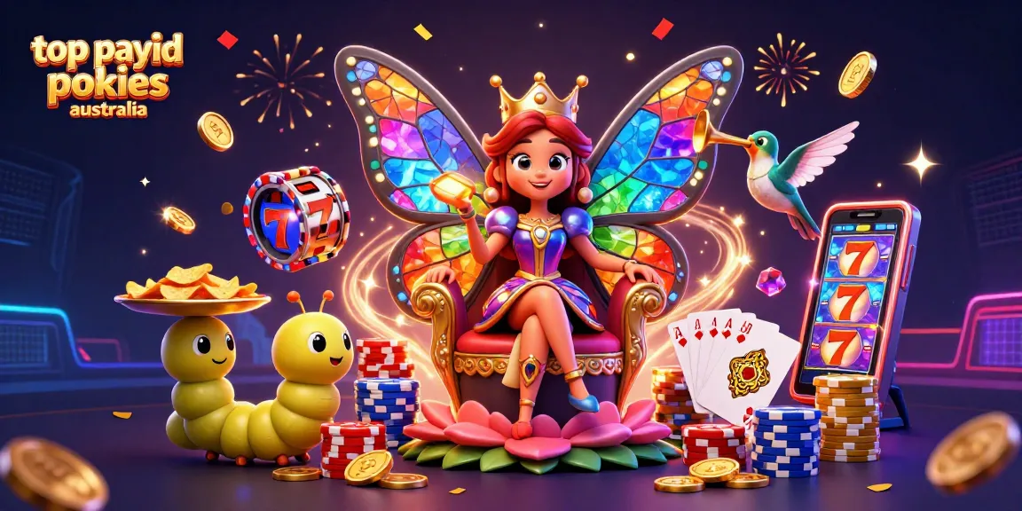 Engage with the top payid pokies australia scene showcasing a butterfly queen amidst celebratory casino elements.