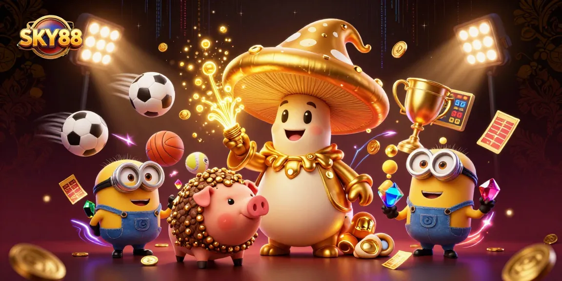Experience the magic of SKY88 with a whimsical casino-themed 3D illustration full of action.