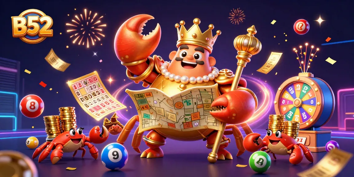 B52 promotes fun with a vibrant game scene featuring a golden crab emperor and casino elements.