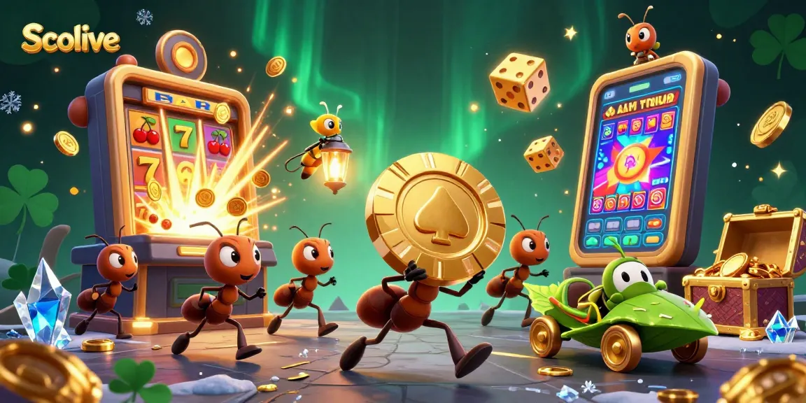 Socolive features a cartoon team of ants carrying a giant poker chip, surrounded by vibrant casino elements.