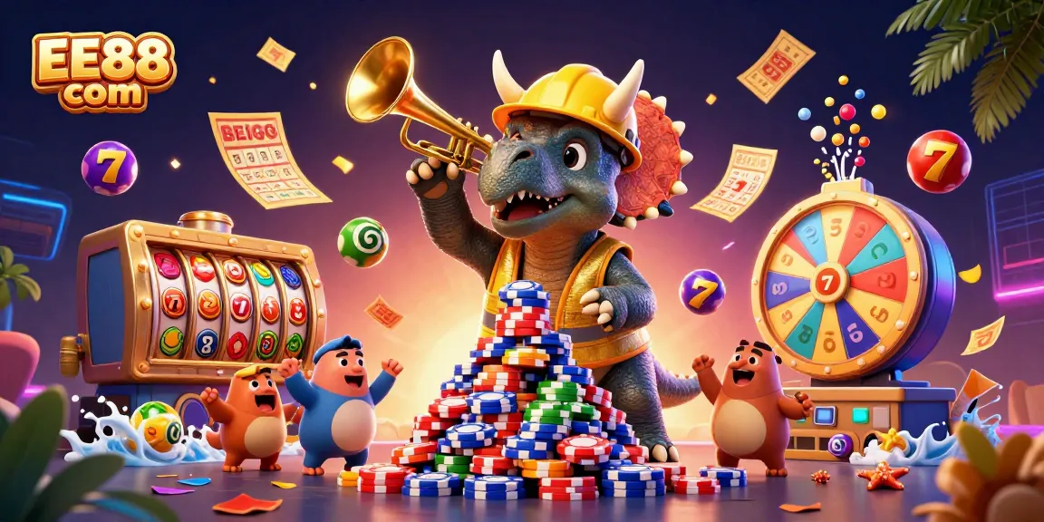 Experience EE88 com's exciting world of slots with a dynamic and colorful illustration.