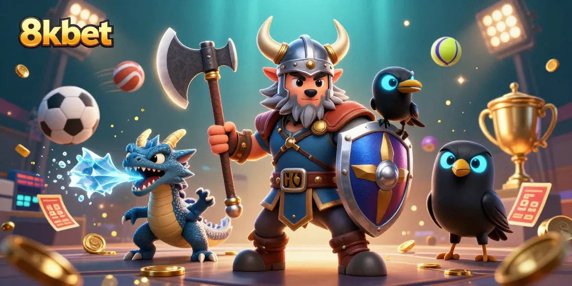 Experience thrilling 8xbet gaming with a Viking warrior, ice dragon, and dynamic sports elements!