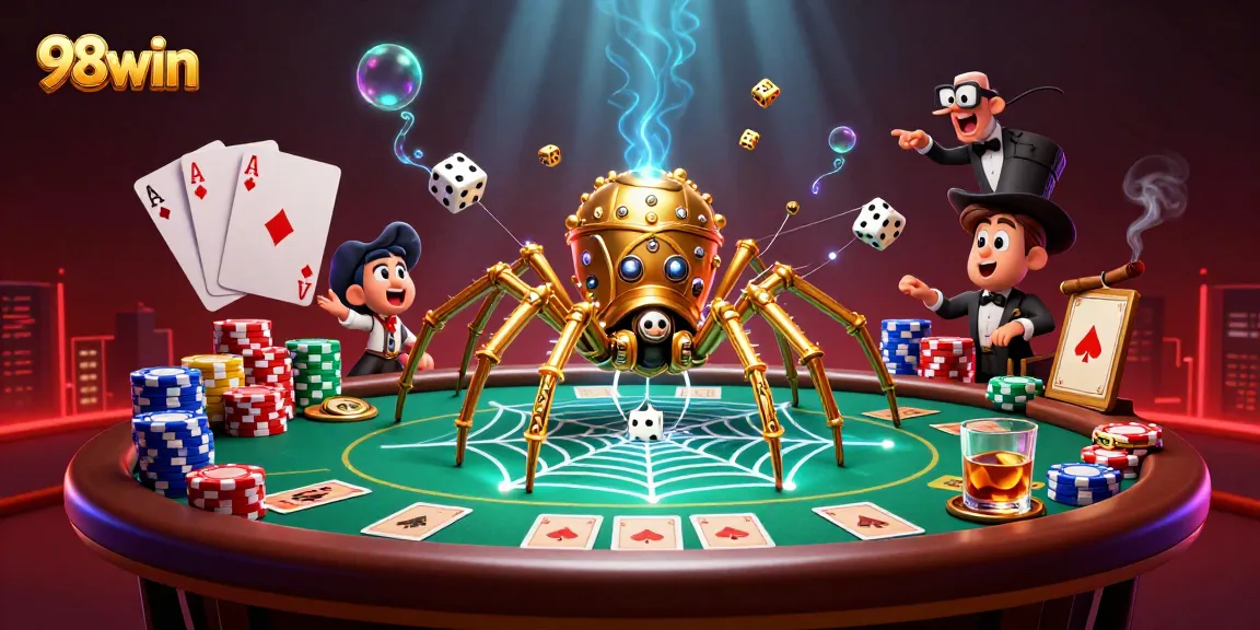 Catch the thrilling gaming action at 98win with a spider-themed poker illustration, featuring vibrant colors and dynamic elements.