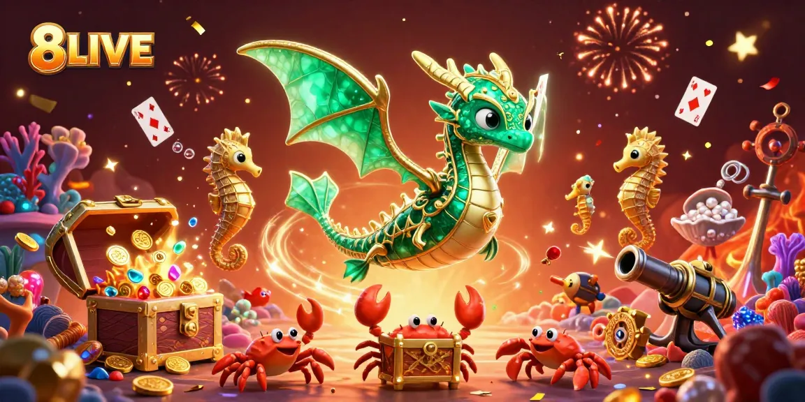 Engage with 8LIVE's vibrant casino experience featuring a whimsical sea dragon guarding treasures.