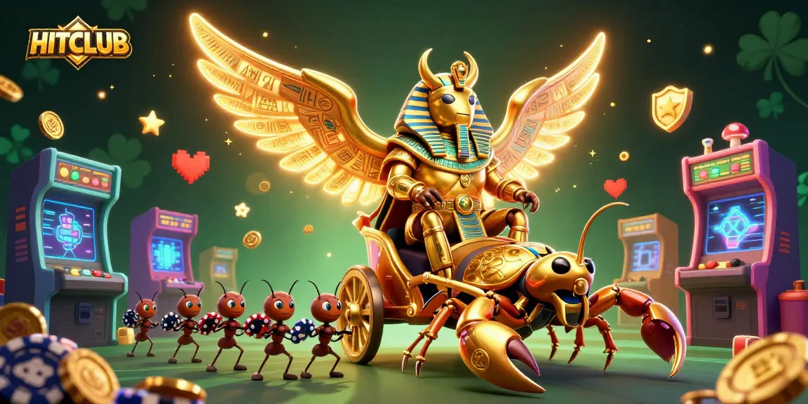 HITCLUB showcases an exciting illustration featuring a golden scarab beetle and casino game elements.