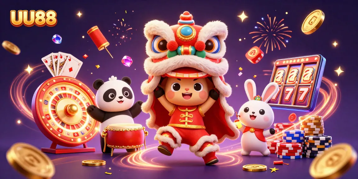 Experience the vibrant energy of UU88 with 3D characters celebrating with casino-themed elements and gold coins.