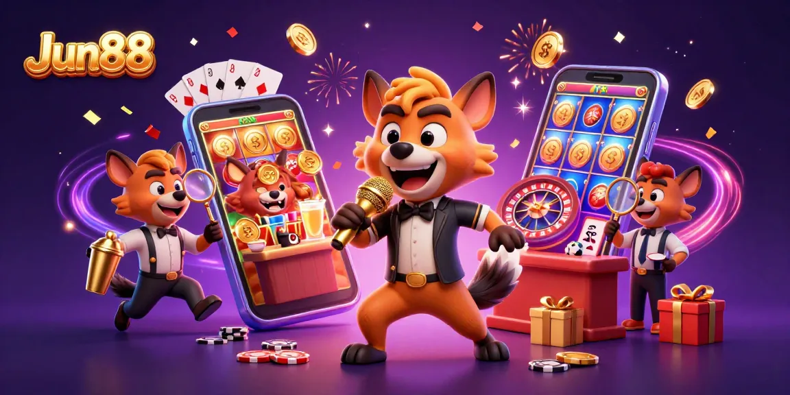 Engage with the Jun88 comedy casino scene featuring hyenas and vibrant gaming elements.