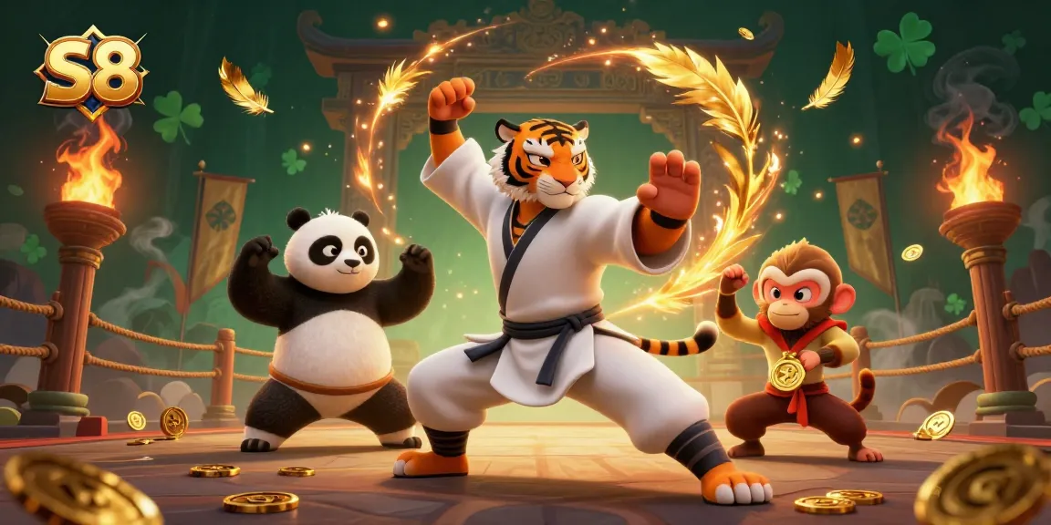 S8 casino features a kung fu tiger performing a crane stance as a panda disciple mimics behind in a vibrant 3D gambling illustration.