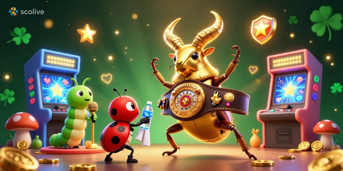 Socolive showcases a competitive scene with a golden beetle as a champion in a vibrant arcade casino.