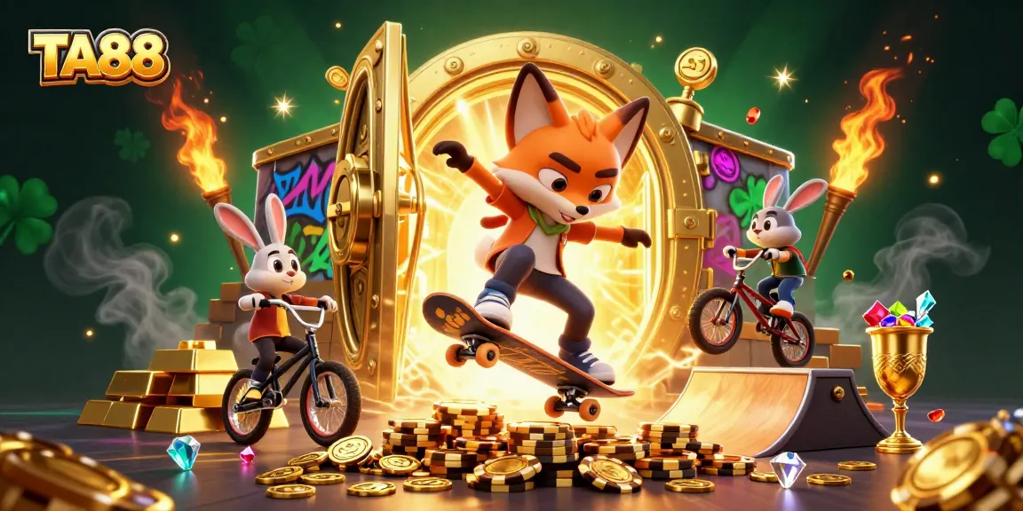 TA88 showcases an energetic scene of a skateboarder fox and BMX rabbit among casino treasures and vivid graffiti.