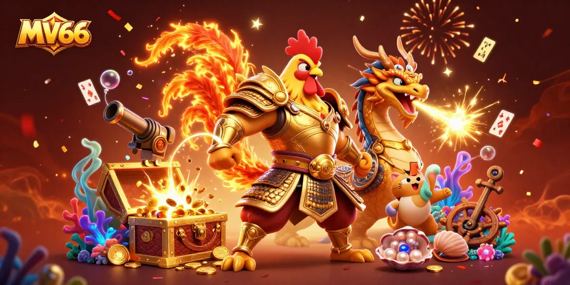 MV66 players engage in thrilling battles with 3D characters amidst casino elements.