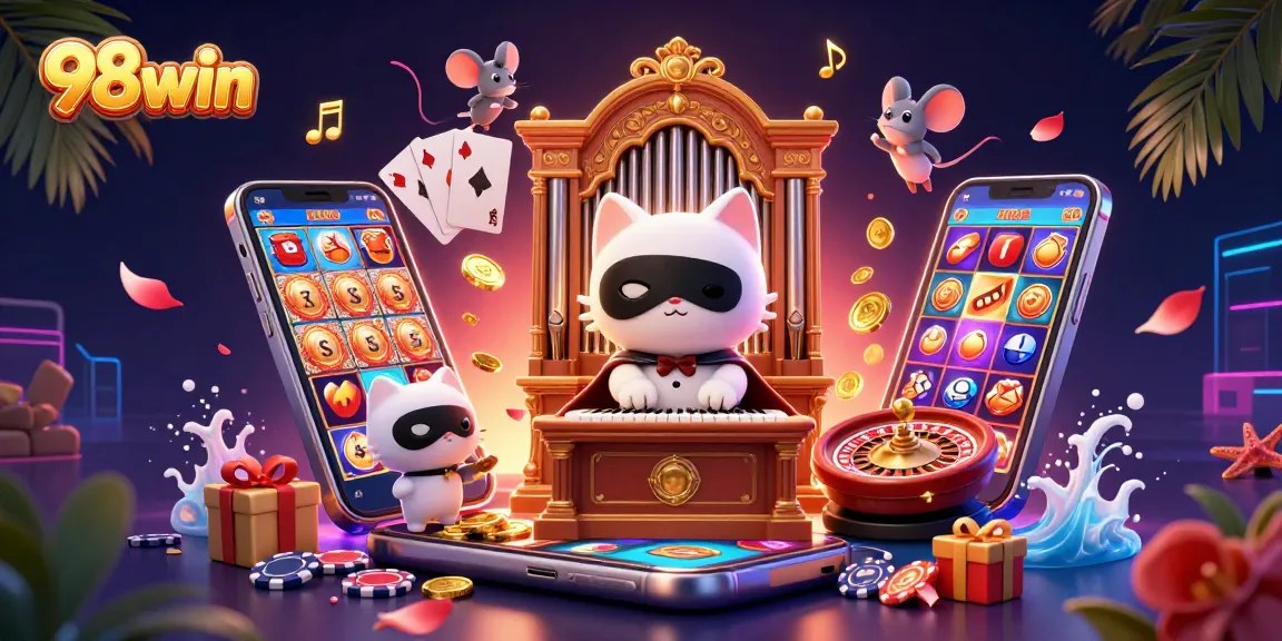 Experience thrilling gameplay and vibrant wins with 98win's dynamic casino illustration featuring cat characters.