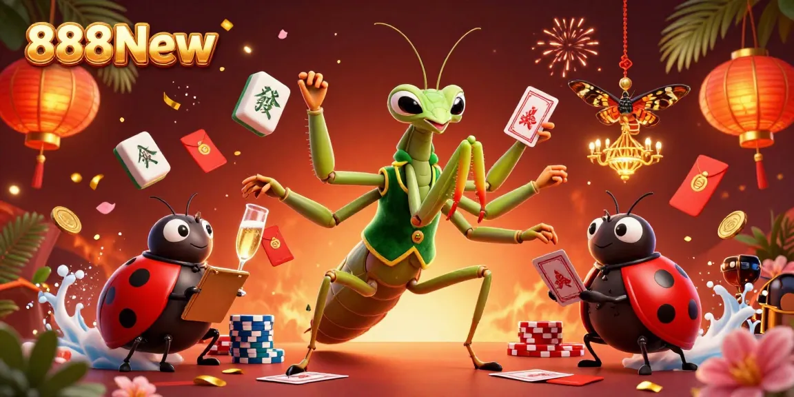 Experience thrilling gameplay with 888New as a praying mantis card sharp and ladybug pit boss create an exciting casino atmosphere.