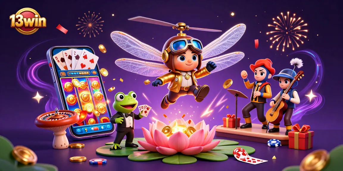 Engage in exciting games with 13win, featuring a thrilling 3D dragonfly pilot above a lively casino scene.