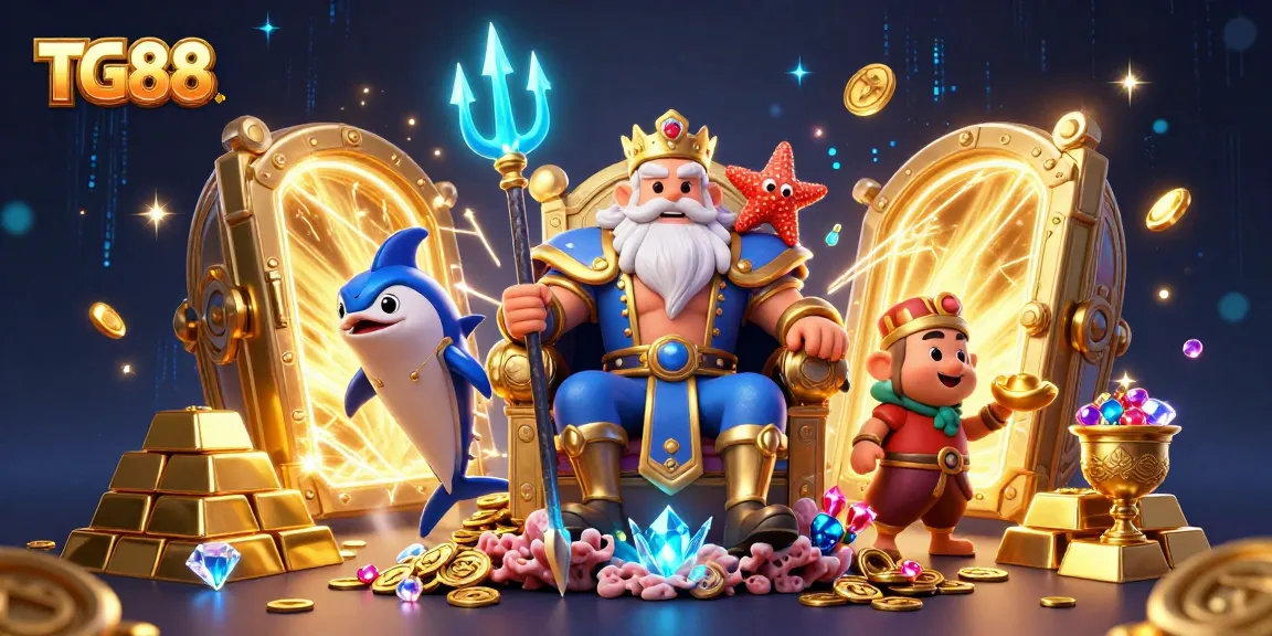 Experience the excitement of winning at TG88 with Neptune and treasures in this vibrant 3D illustration.