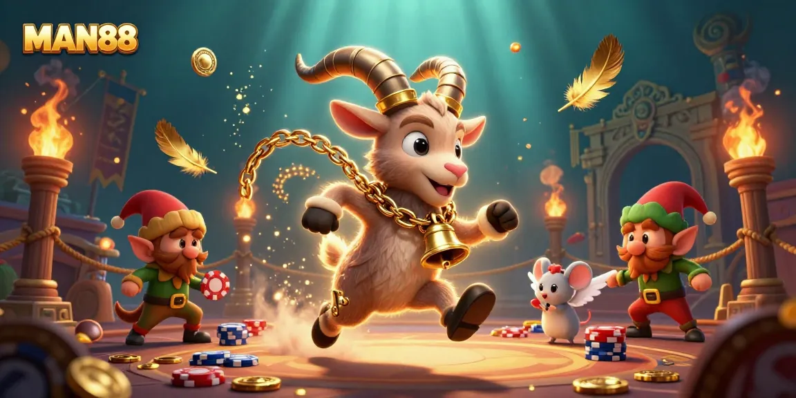 Experience the excitement of MAN88 in a vibrant casino atmosphere with playful characters and dynamic gaming elements.