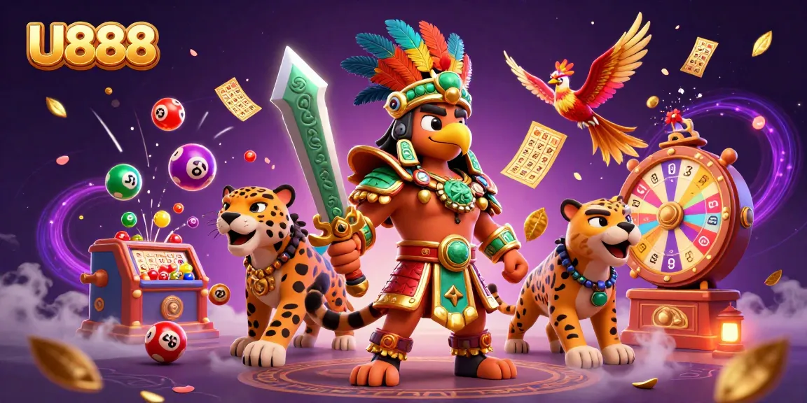 Experience the thrill of U888 with dynamic lottery elements and colorful characters in a vibrant casino scene.