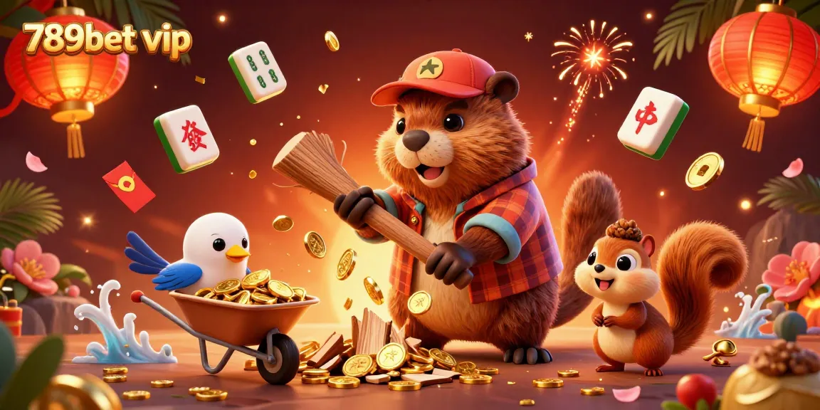 Engaging scene showcasing a beaver and friends celebrating wins at 789bet vip casino with golden coins raining down.