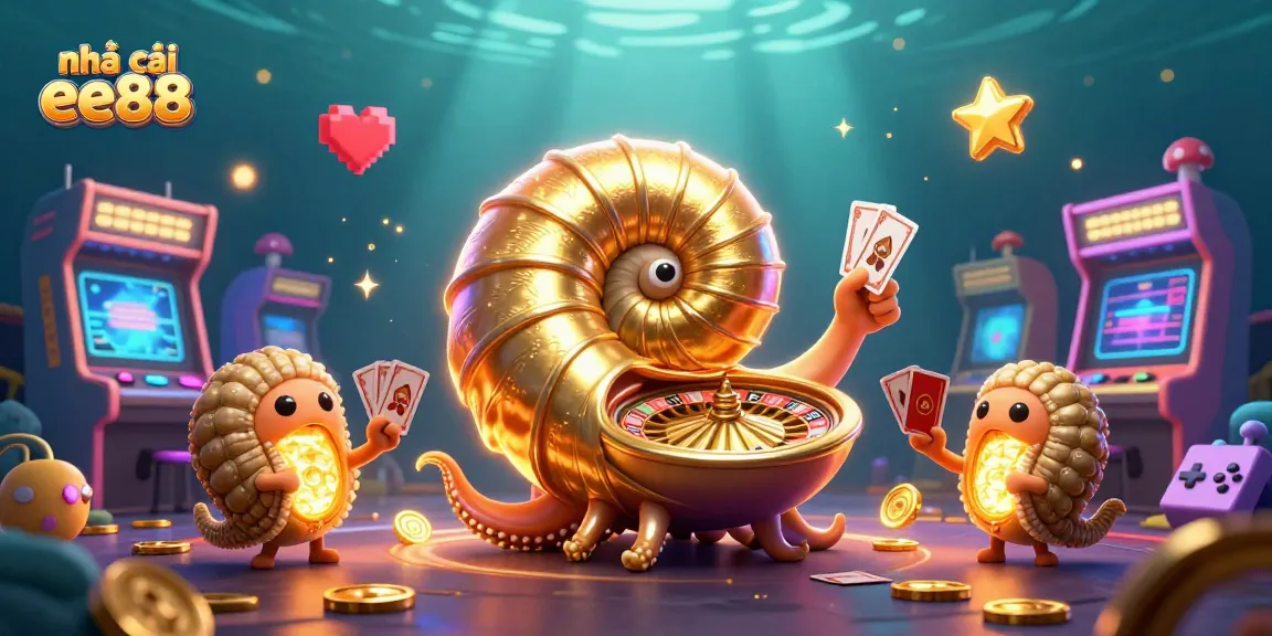 Experience vibrant gaming at nhà cái ee88 with a lively scene of a giant nautilus as a roulette wheel amidst golden treasures.