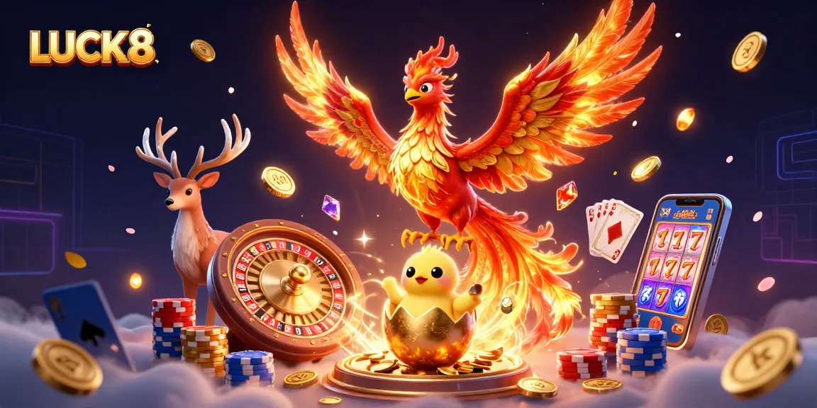 LUCK8 casino illustration with fiery phoenix, golden coins, and roulette in a dynamic scene