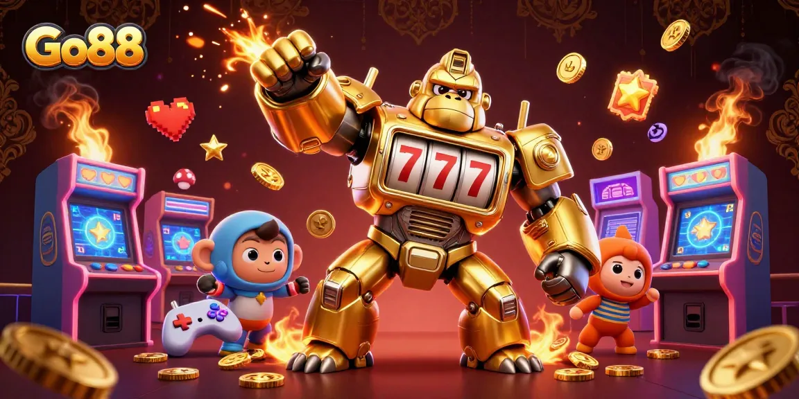 Experience the thrill of Go88 with a captivating 3D illustration highlighting dynamic gaming elements and a golden gorilla mech.