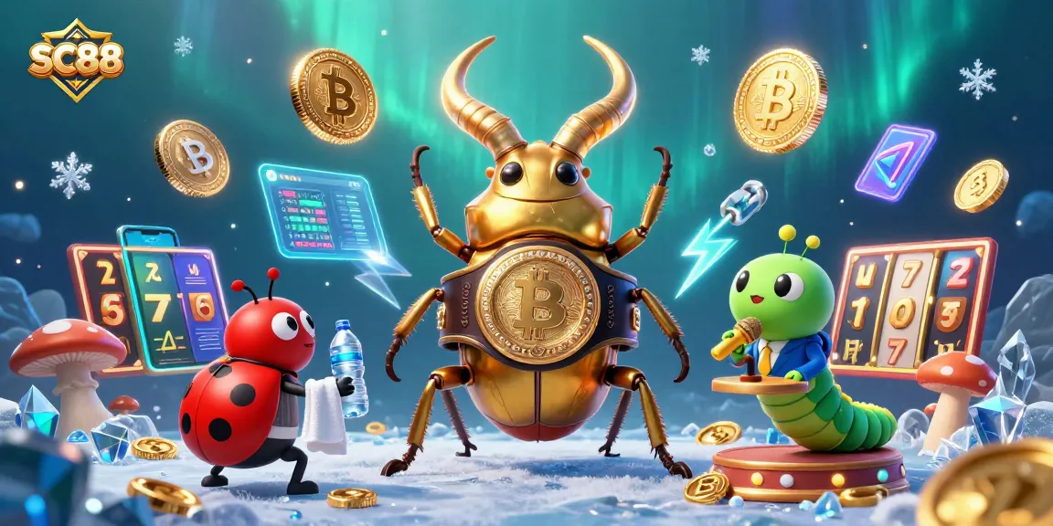 Experience the excitement of SC88 with a boxing beetle surrounded by vibrant casino elements.