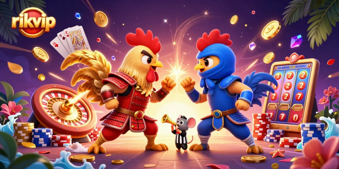 Experience thrilling gameplay at rikvip with vibrant visuals of cartoon roosters and casino elements.