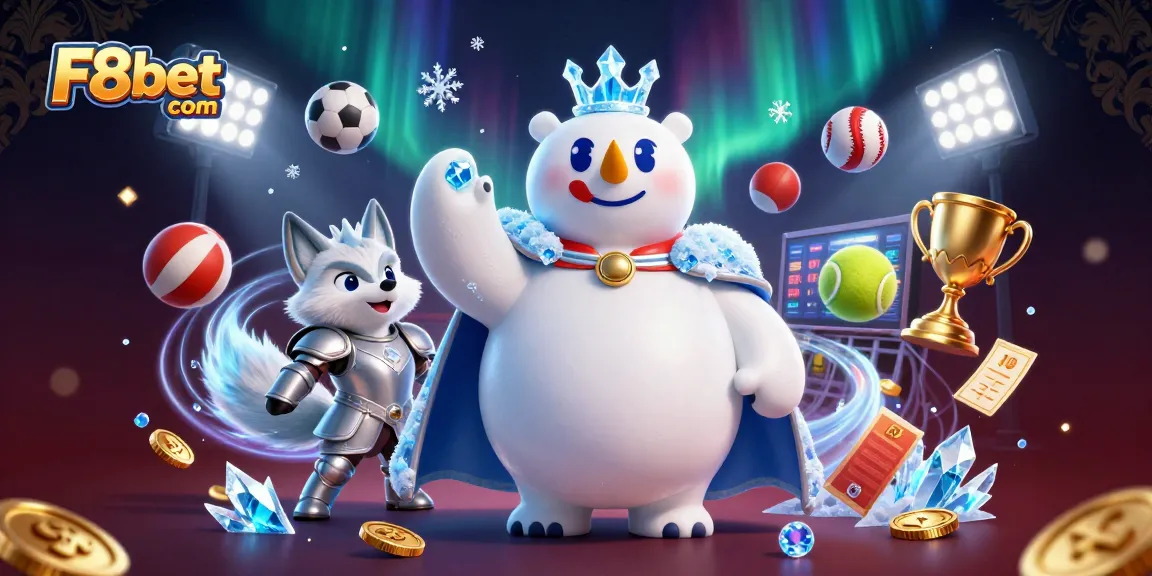 F8bet com offers exciting sports betting with dynamic gameplay, featuring a polar bear and snow fox amidst gaming elements.