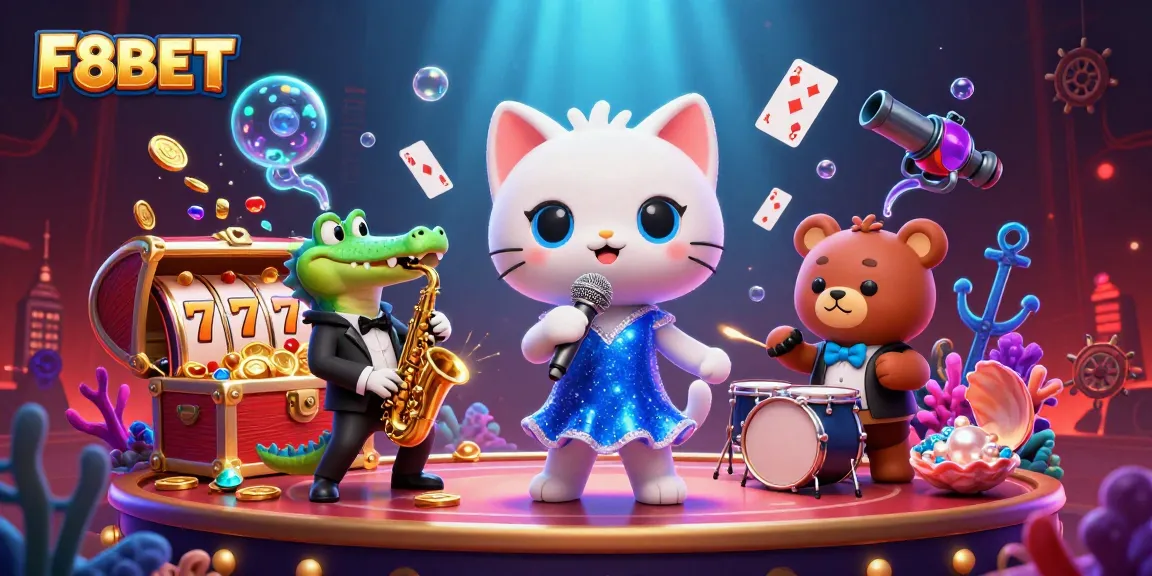 Experience F8BET's vibrant casino ambiance with lively characters and gaming elements in a dazzling underwater scene.