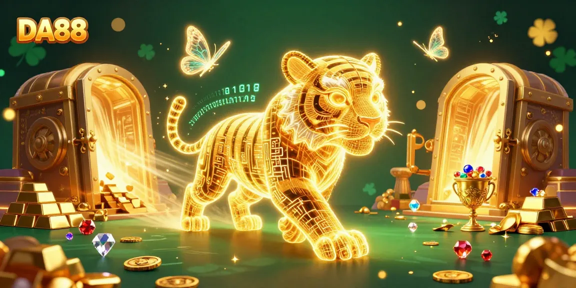 Bet on excitement with DA88, featuring a golden tiger in a vibrant digital casino landscape.