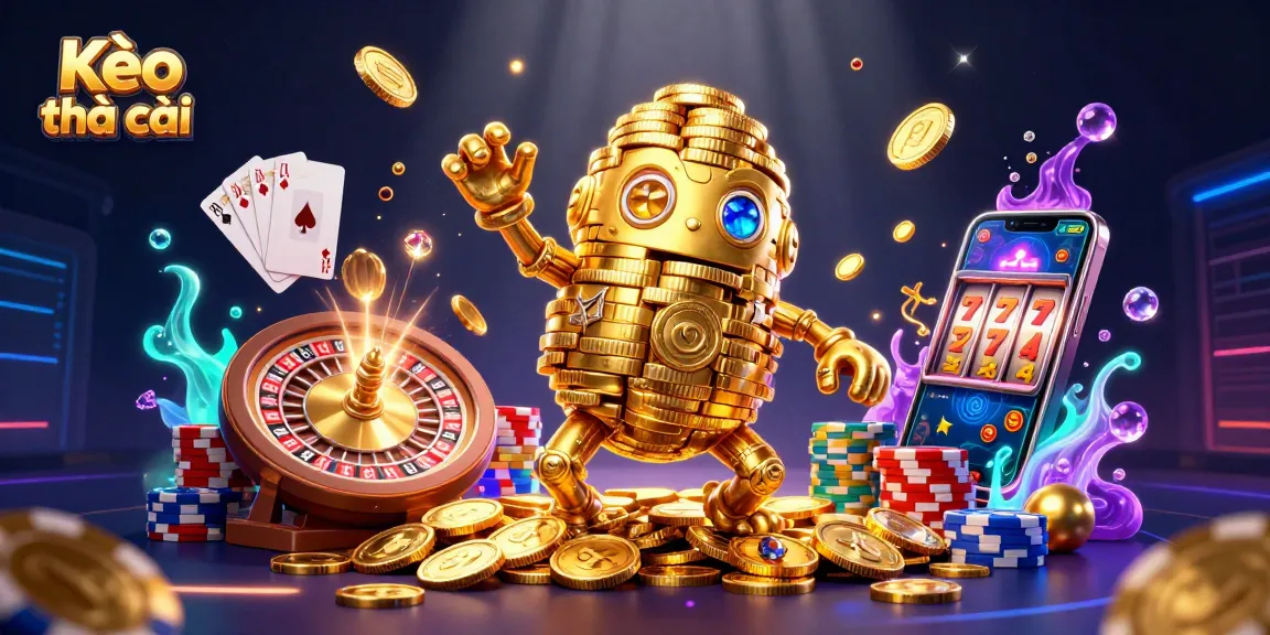 Kèo nhà cái showcases a dynamic 3D golem made of golden coins amidst gambling elements for an engaging experience.