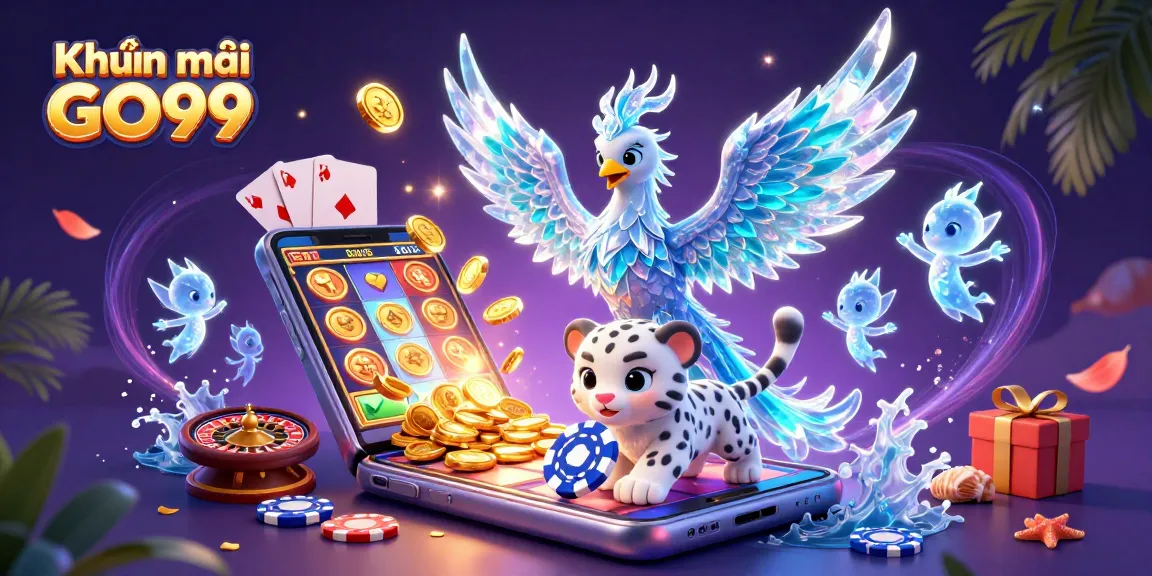Experience the excitement of Khuyến mãi GO99 with a magical casino scene featuring vibrant game elements and playful characters.