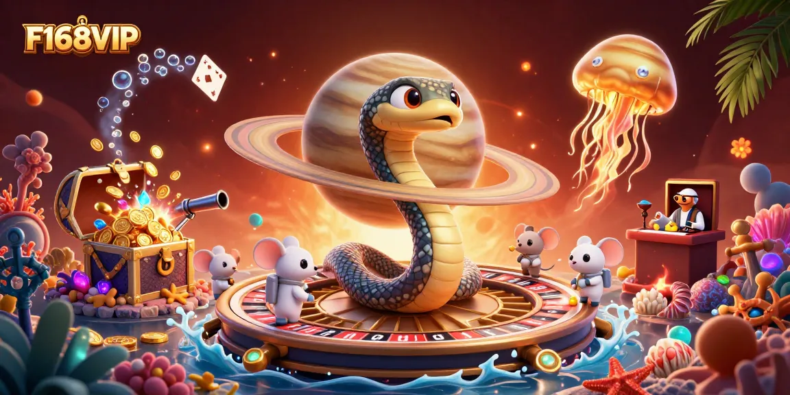Experience F168VIP with astronaut mice betting on a cosmic roulette wheel crafted from Saturn's rings amidst golden treasures.