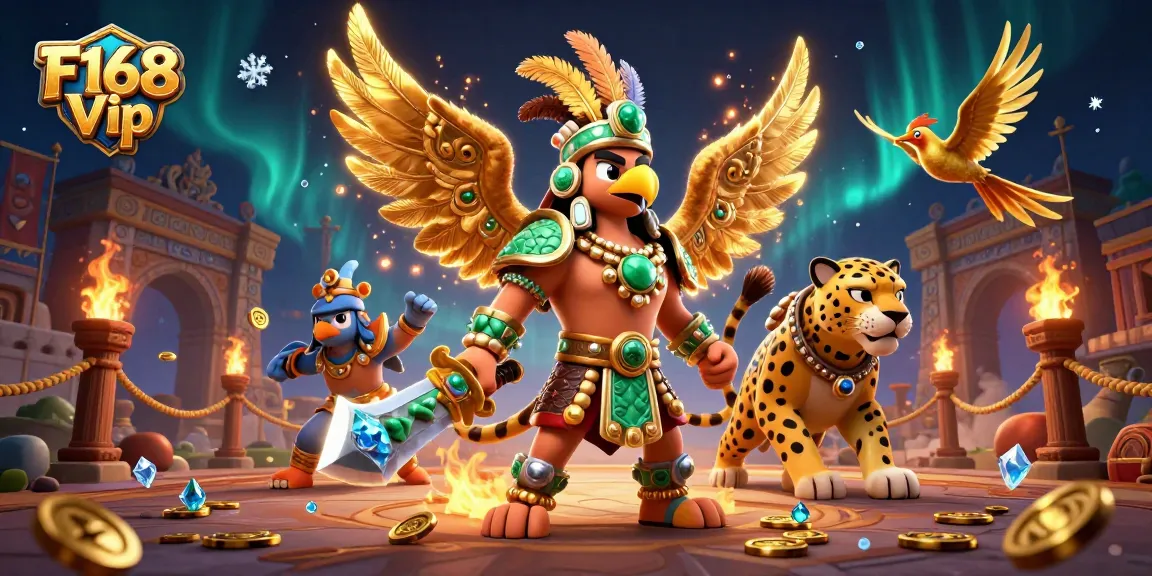 Experience F168 Vip with vibrant scenes of epic warriors and dynamic casino elements.