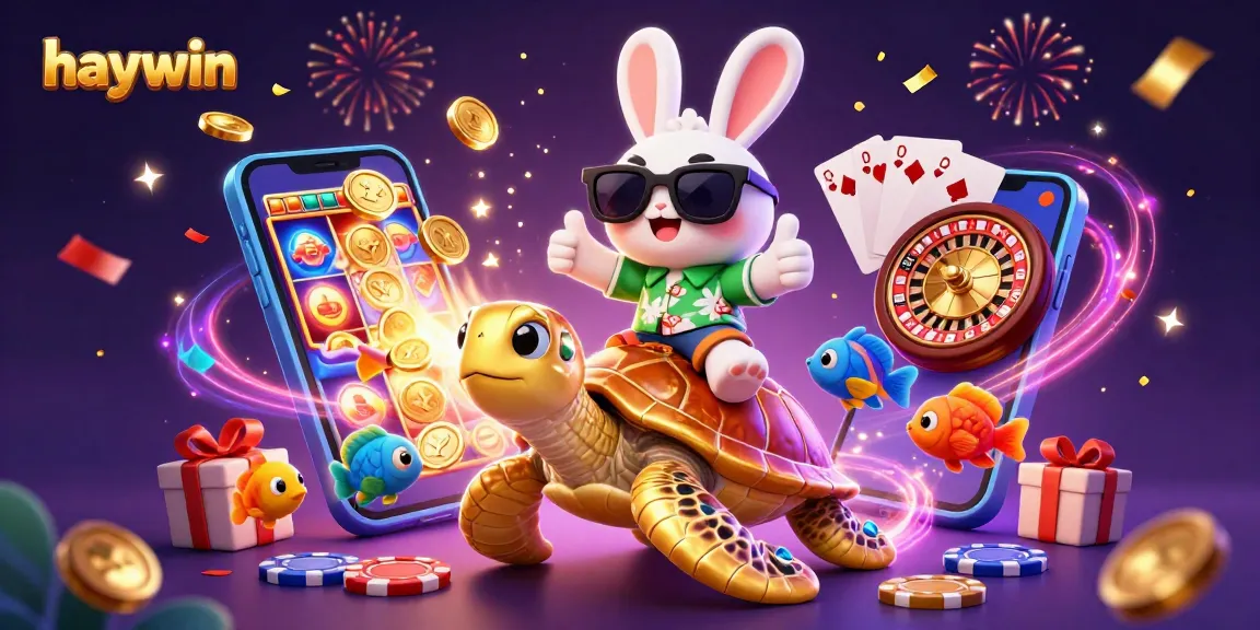 Experience the excitement of haywin with a cheerful rabbit and turtle in a vibrant casino scene.