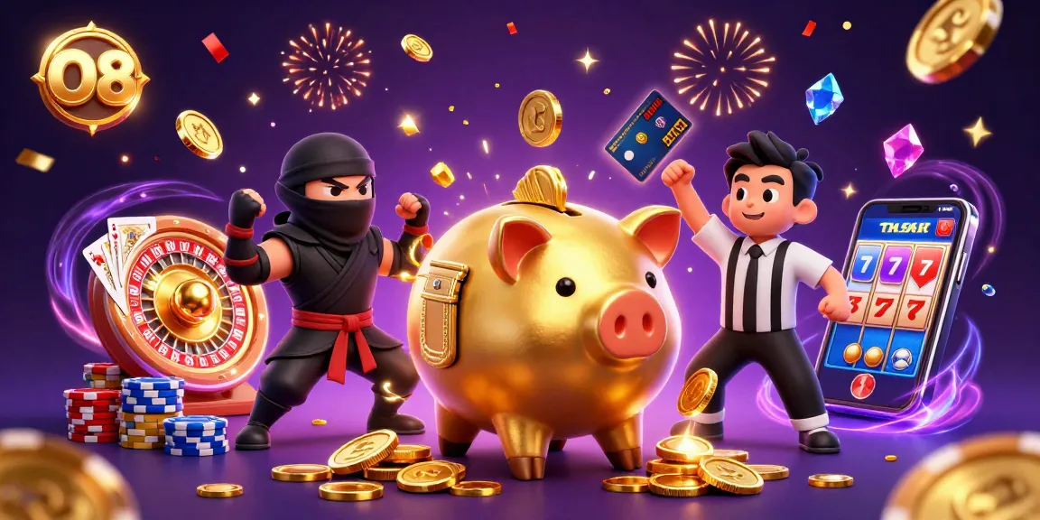 Engaging O8 illustration of golden piggy bank sumo wrestler amidst cascading coins, embodying vibrant casino excitement.